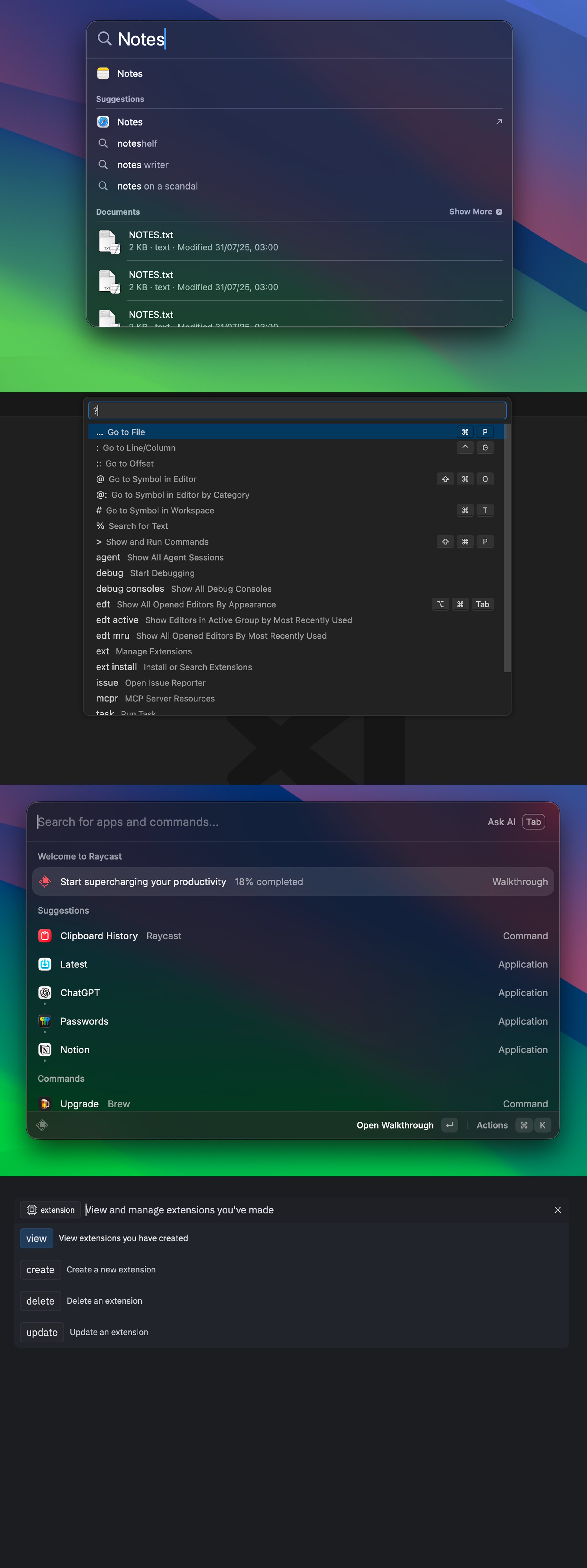 Collage of command palettes from Spotlight, VSCode, Raycast and Replit